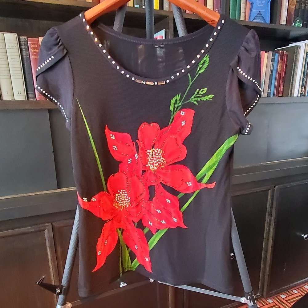 Red and Black Floral Sheer Blouse